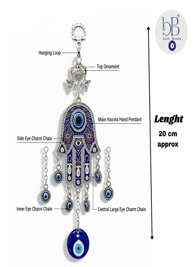 BLUE BEADS خرز أزرق معدني، ديكور منزلي، قلادة عين الحسد، طولها 8 بوصات، زينة مثالية لهدايا ديوالي، قلادة حظ على شكل يد الحسد، زينة للباب/الجدار للمنزل والمكتب، فضي - Image 4